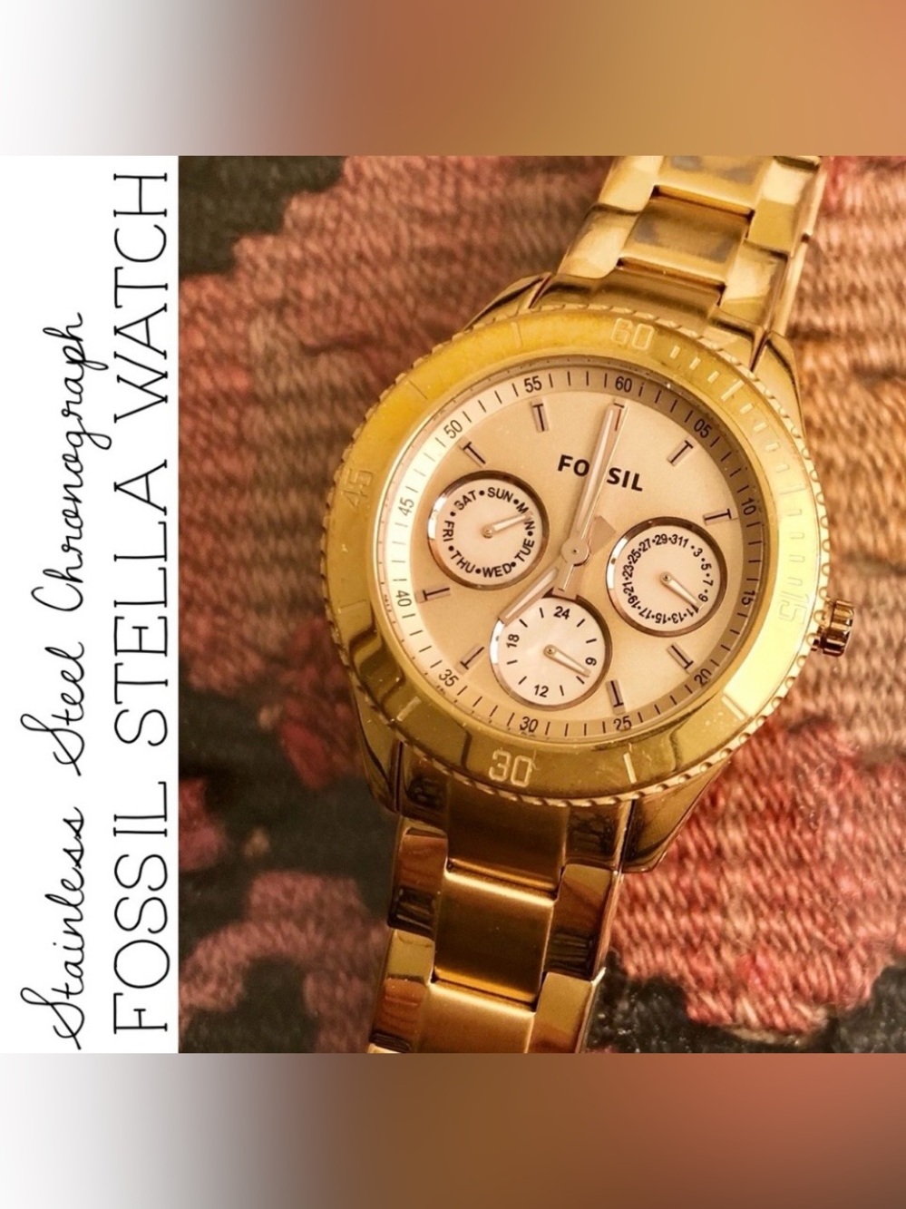 Fossil Stella Stainless Steel Gold Chronograph Wrist Watch